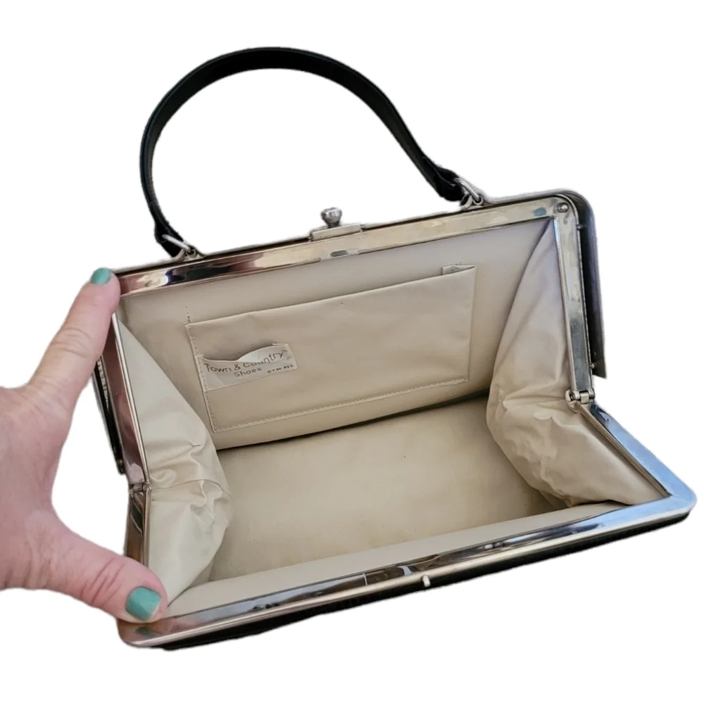 Vintage - 60's Black‎ Leather Reptile Frame Handbag
